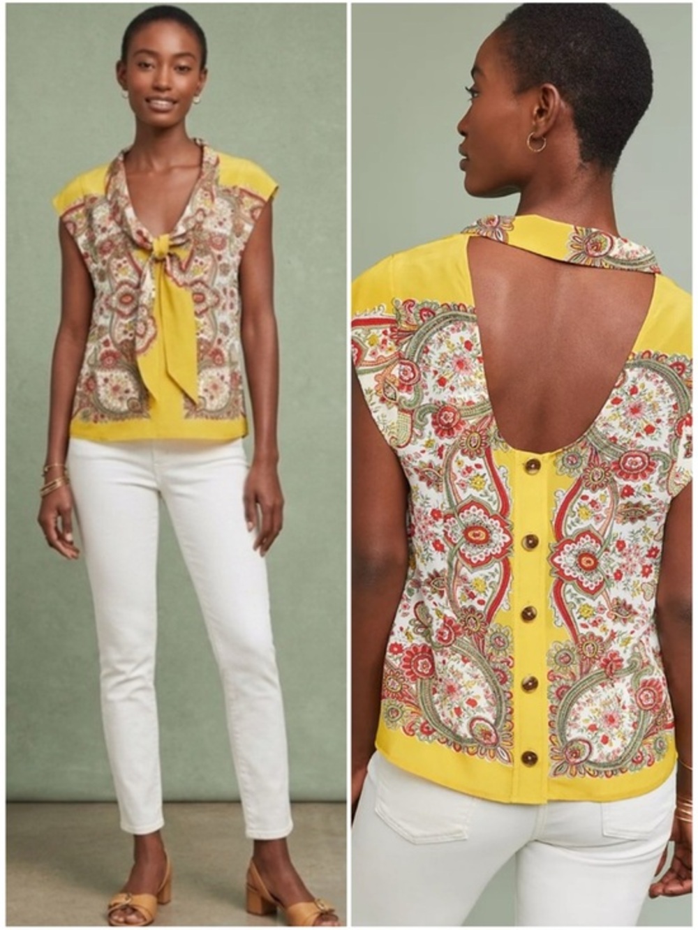 Anthropologie Maeve 100% Silk Yellow Ornate Paisley Blouse Size 6 Small